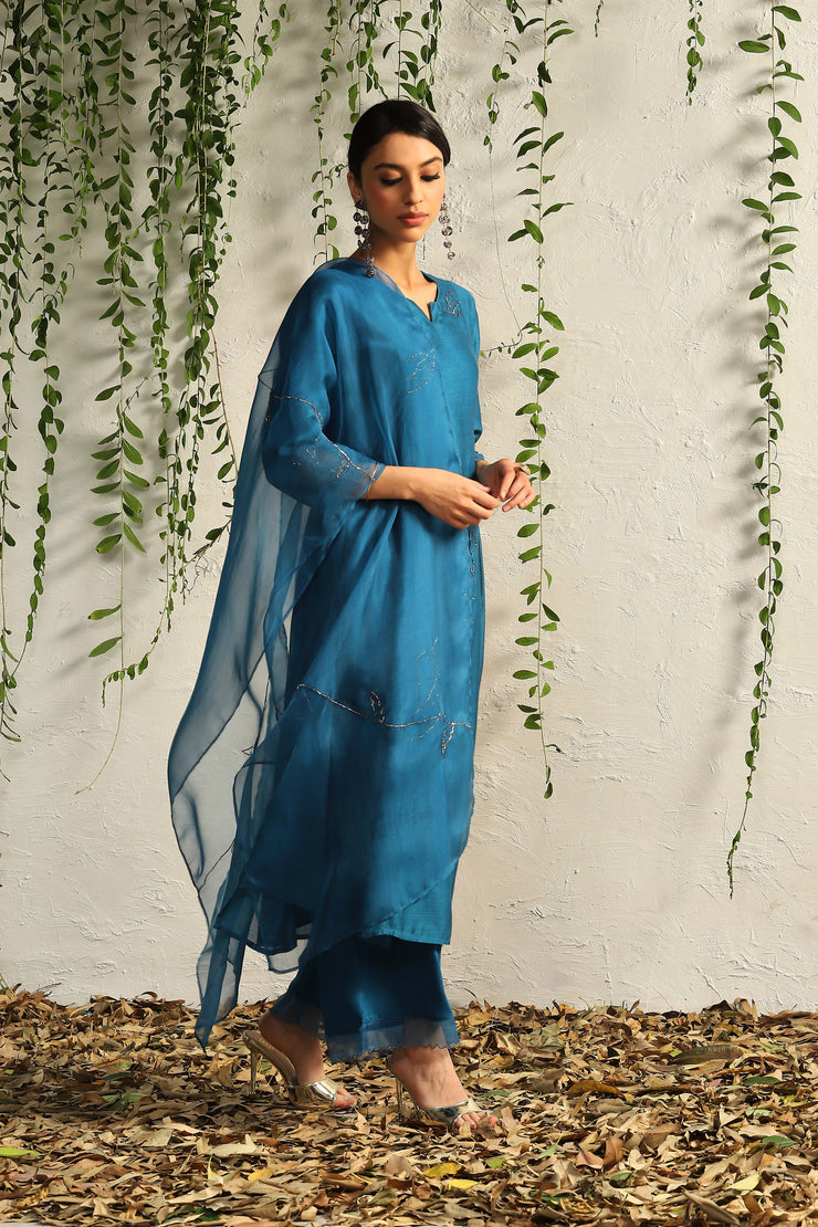 True blue side gathered kurta set- set of 3