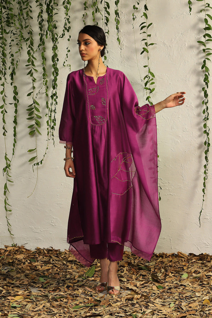 Pop pink chanderi flowy kurta set- Set of 3