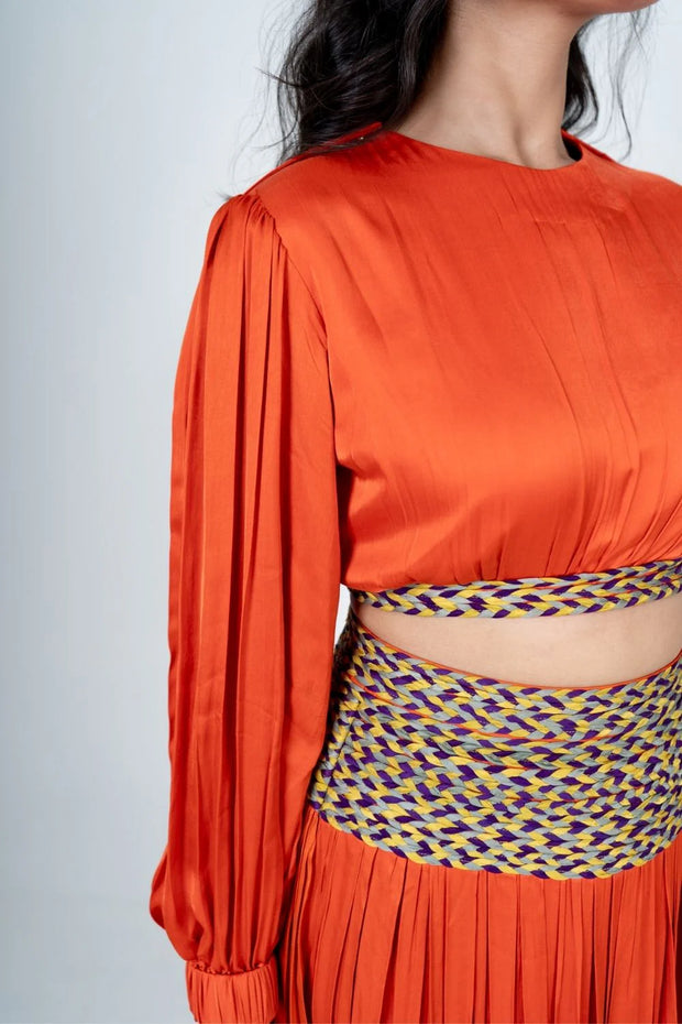 Orange Skirt Set with Color-Blocked Braids