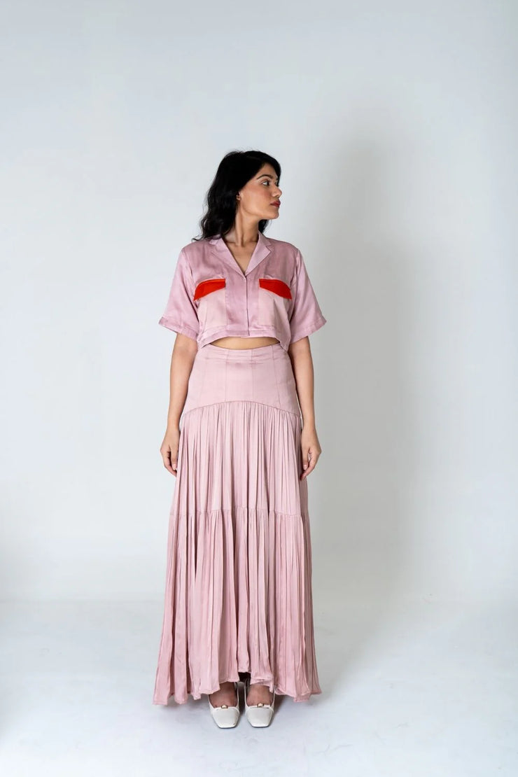 Pink-Orange Color-Blocked Maxi Skirt Set