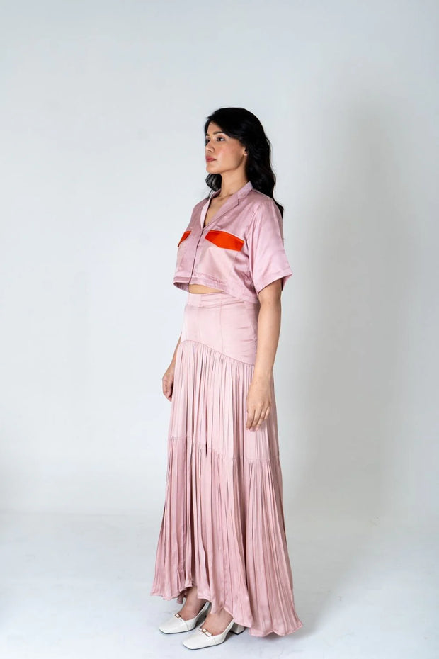 Pink-Orange Color-Blocked Maxi Skirt Set