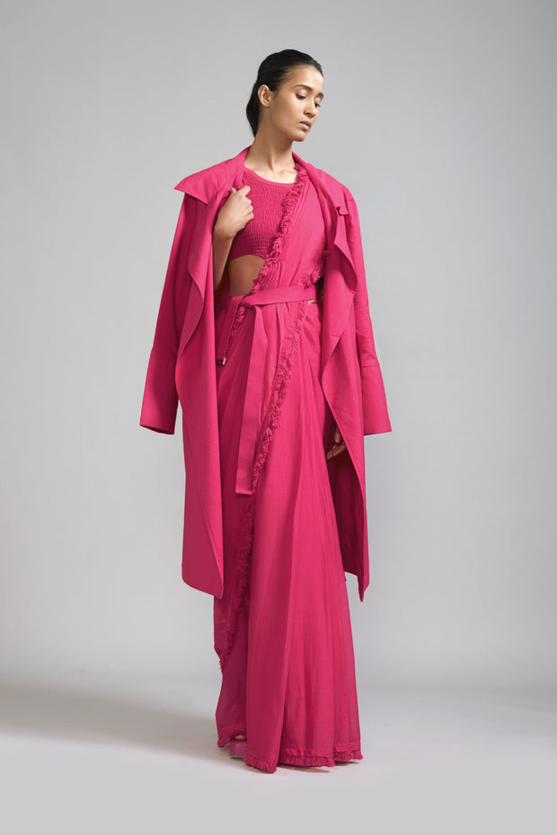 Pink Fringed Saree-Bodysuit-Jacket Set (3 PCS)