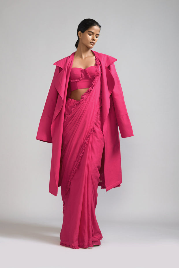 Pink Fringed Saree-Corset-Jacket Set (3 PCS)