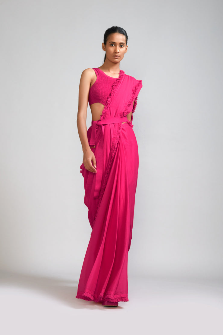 Pink Fringed Saree & Smocked Bodysuit Set (2 PCS)