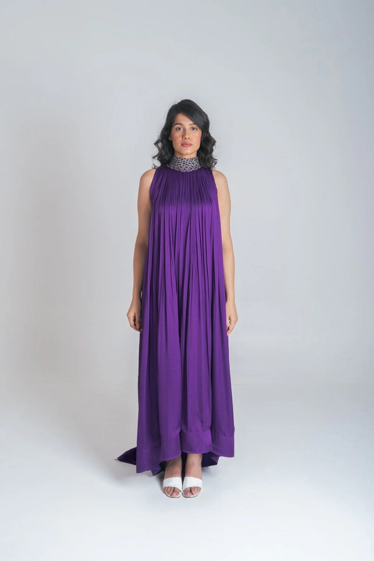 Purple-Green Braided Halter Neck Gather Gown