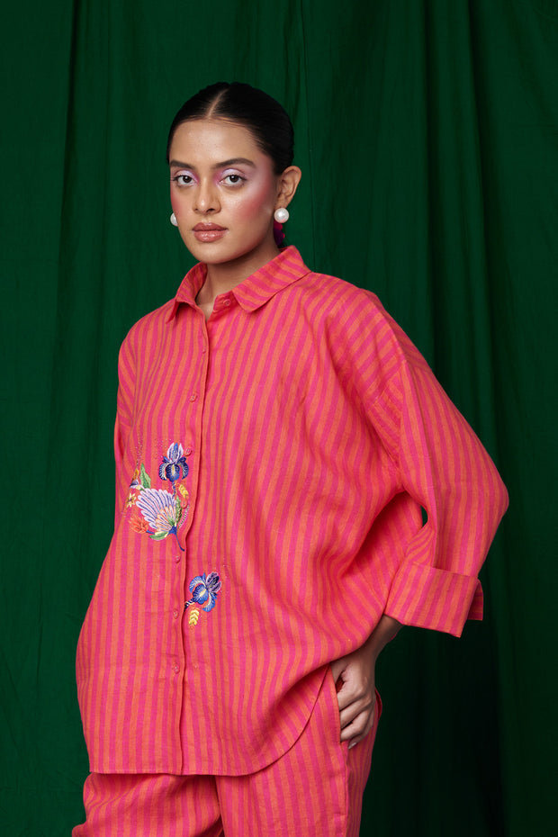 Coral Linen Oversized Flared Shirt