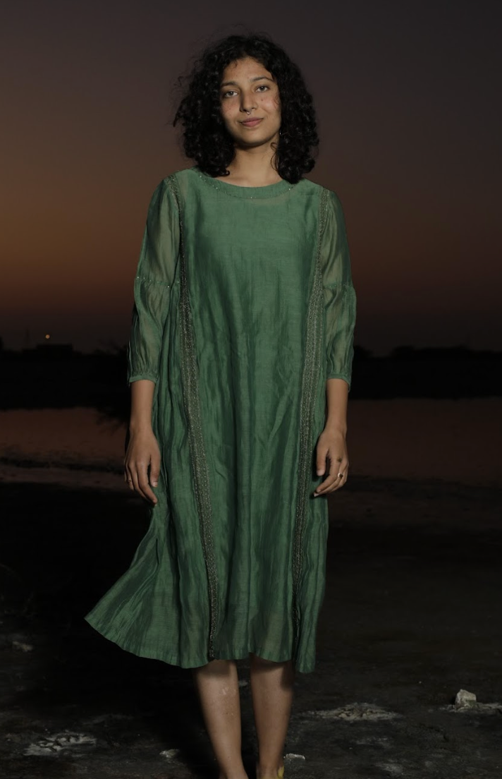 Green Embroidered Chanderi Dress with Slip