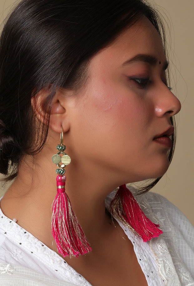 Jhumar pink and green earrings