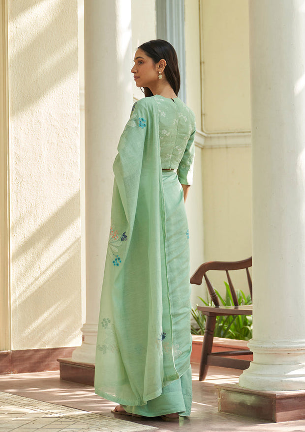 Mint Floral Threadwork Saree