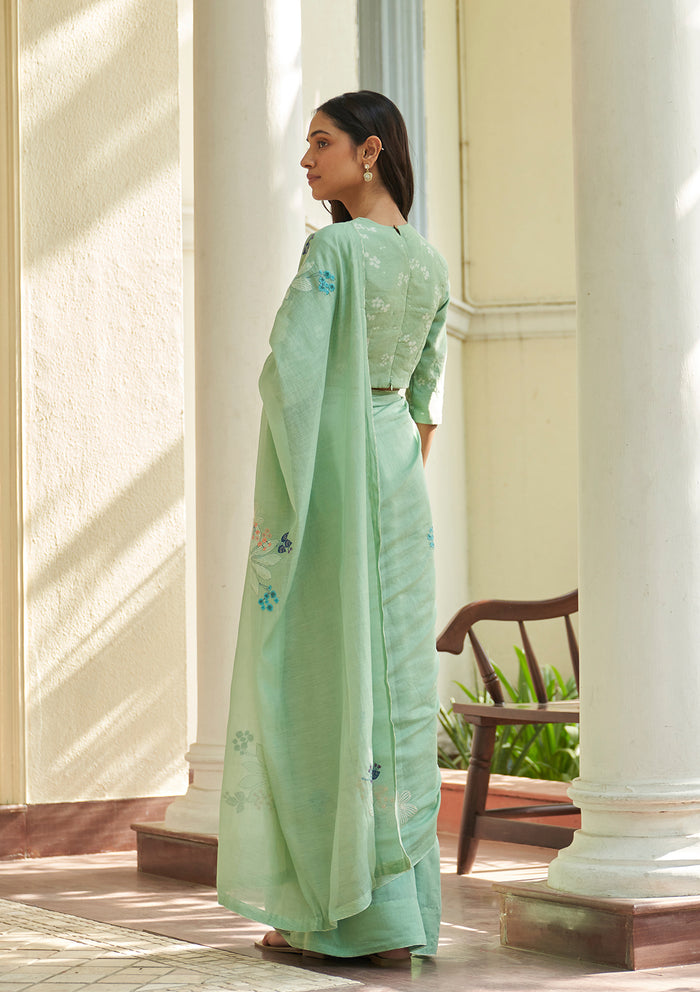 Mint Floral Threadwork Saree