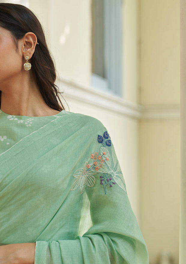 Mint Floral Threadwork Saree