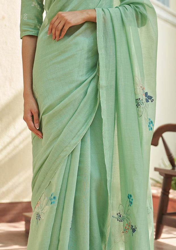 Mint Floral Threadwork Saree