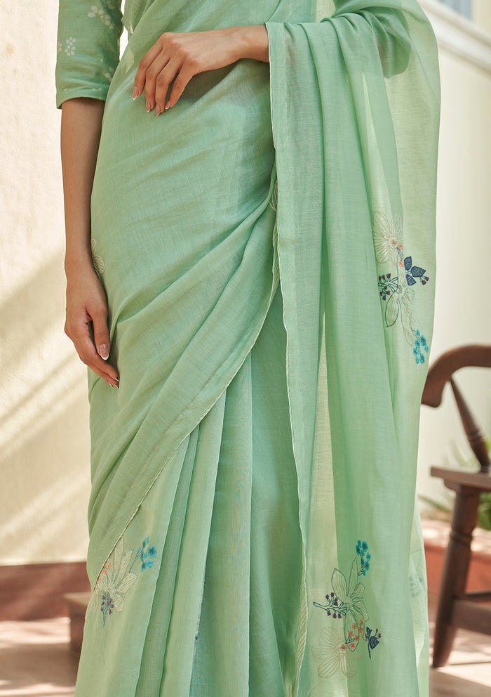 Mint Floral Threadwork Saree