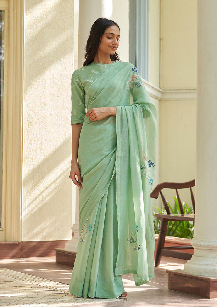 Mint Floral Threadwork Saree