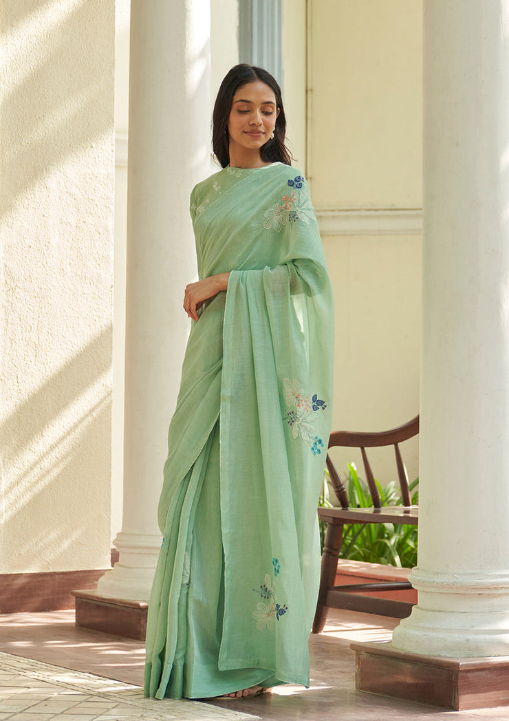 Mint Floral Threadwork Saree