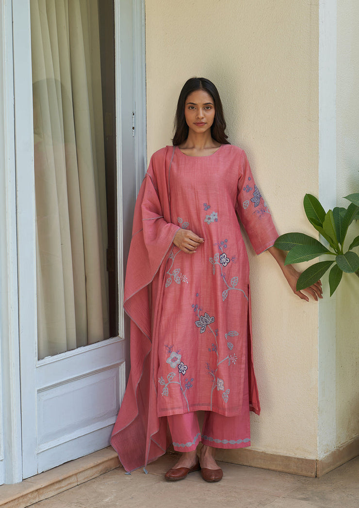 Peony Applique Embroidered Kurta Set