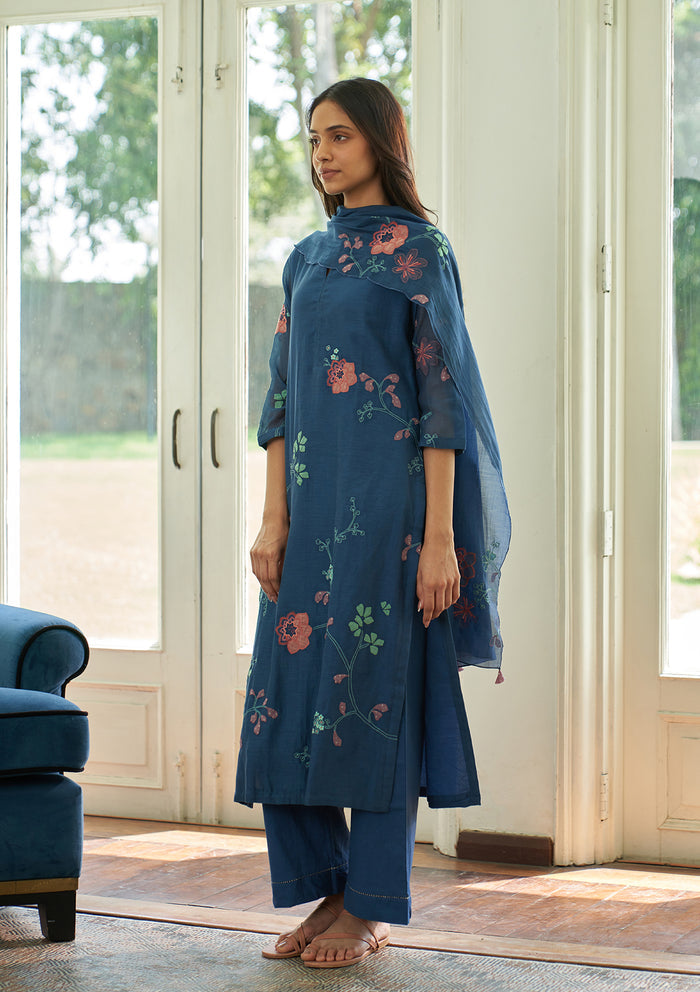 Ocean Blue Floral Applique Kurta Set