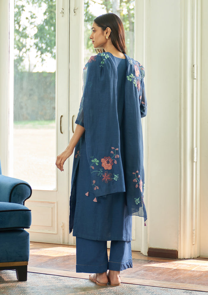 Ocean Blue Floral Applique Kurta Set