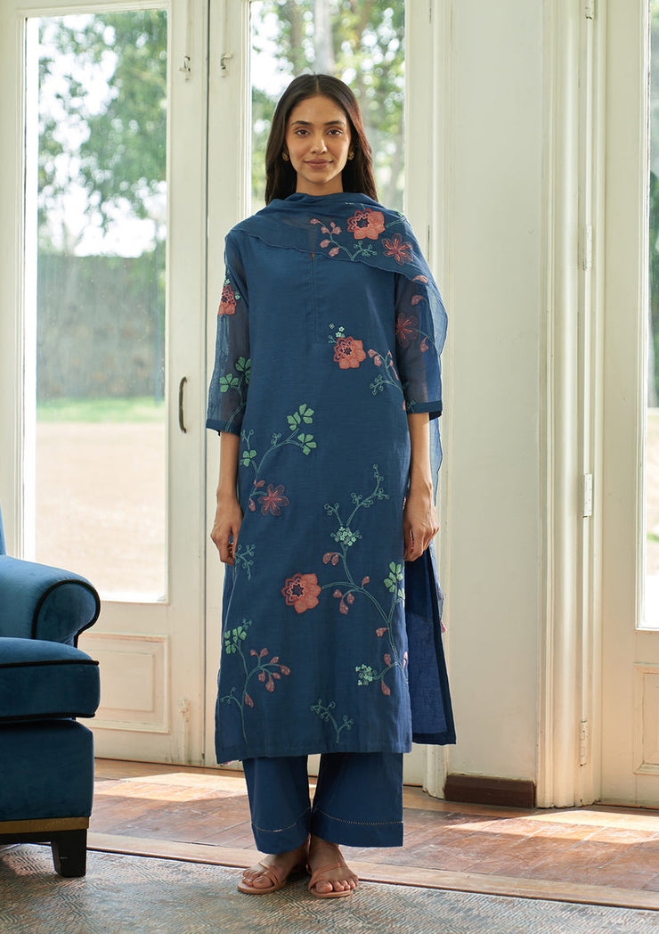 Ocean Blue Floral Applique Kurta Set
