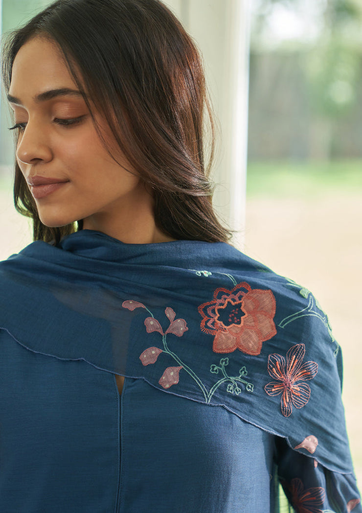 Ocean Blue Floral Applique Kurta Set