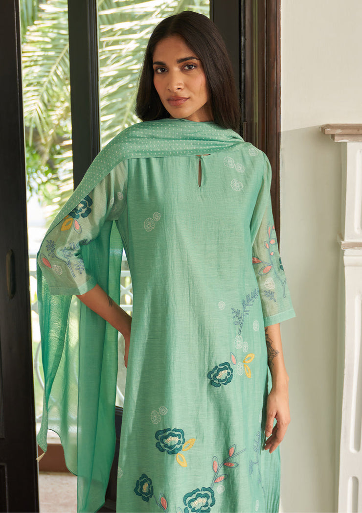 Mint Floral Embroidered Kurta Set