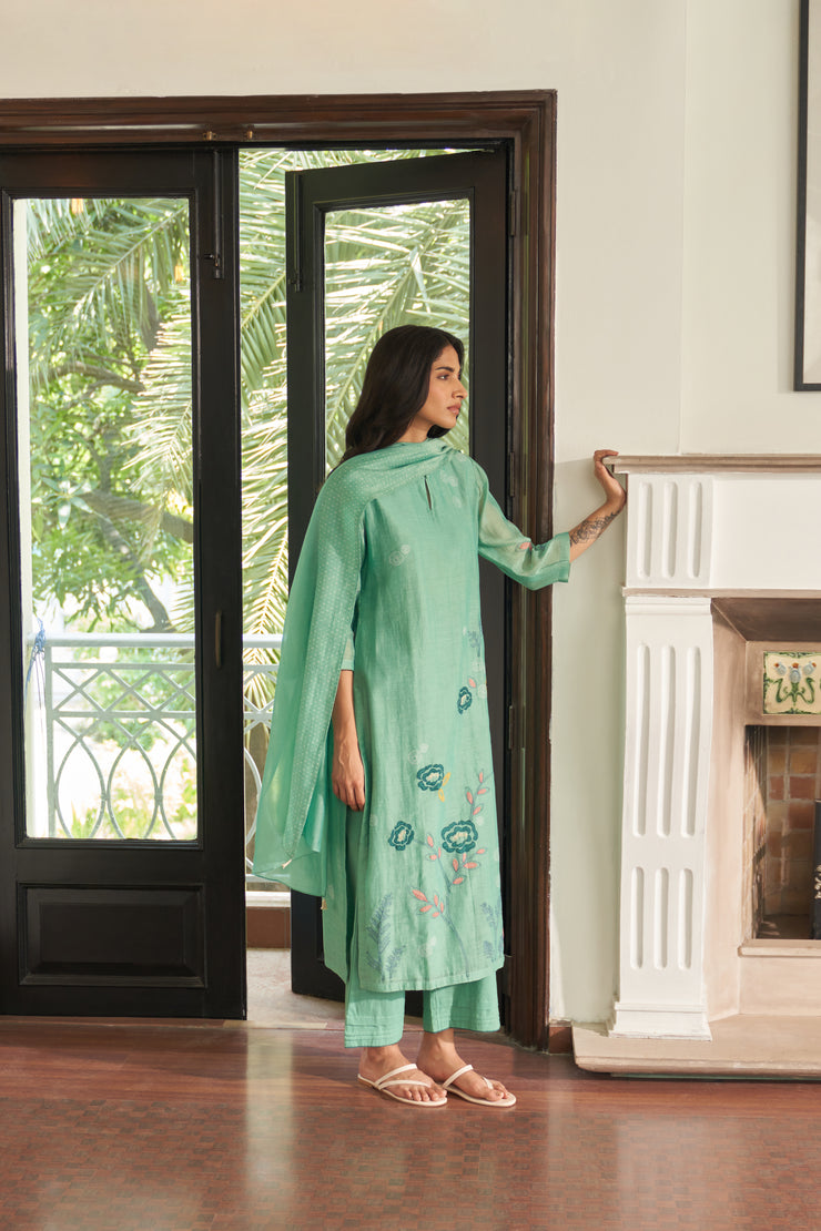 Mint Floral Embroidered Kurta Set