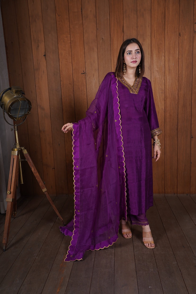 Violet silk embroidered kurta set