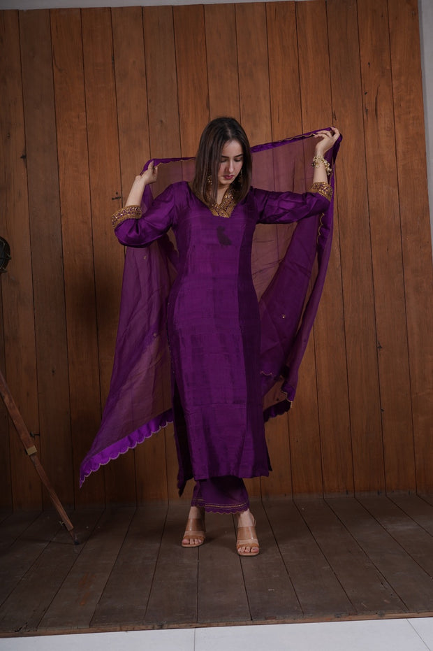 Violet silk embroidered kurta set