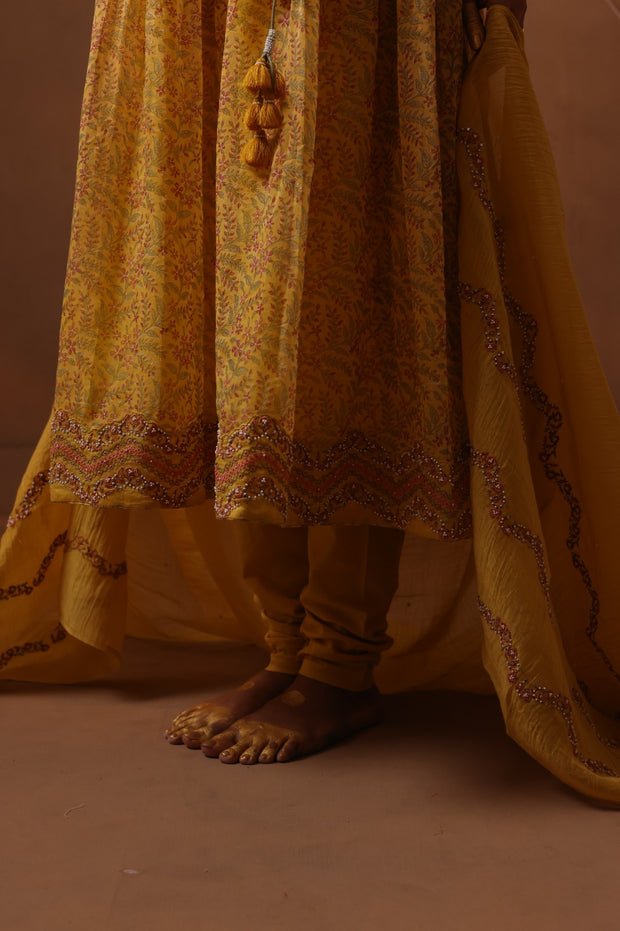 Yellow handblock printed angrakha style kurta set