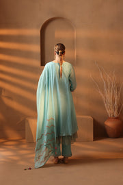 Blue kurta set with scalloped embroidery neck
