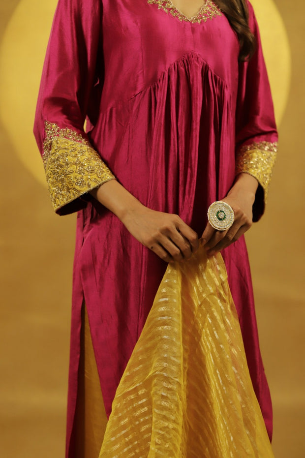 Pink & Yellow  Applique Kurta