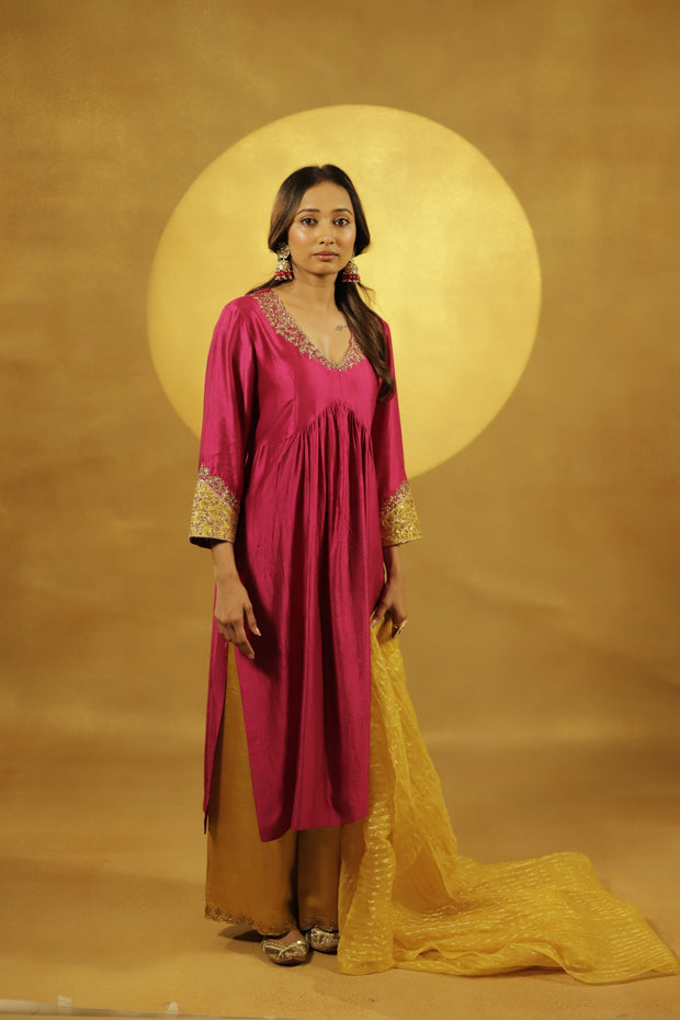 Pink & Yellow  Applique Kurta