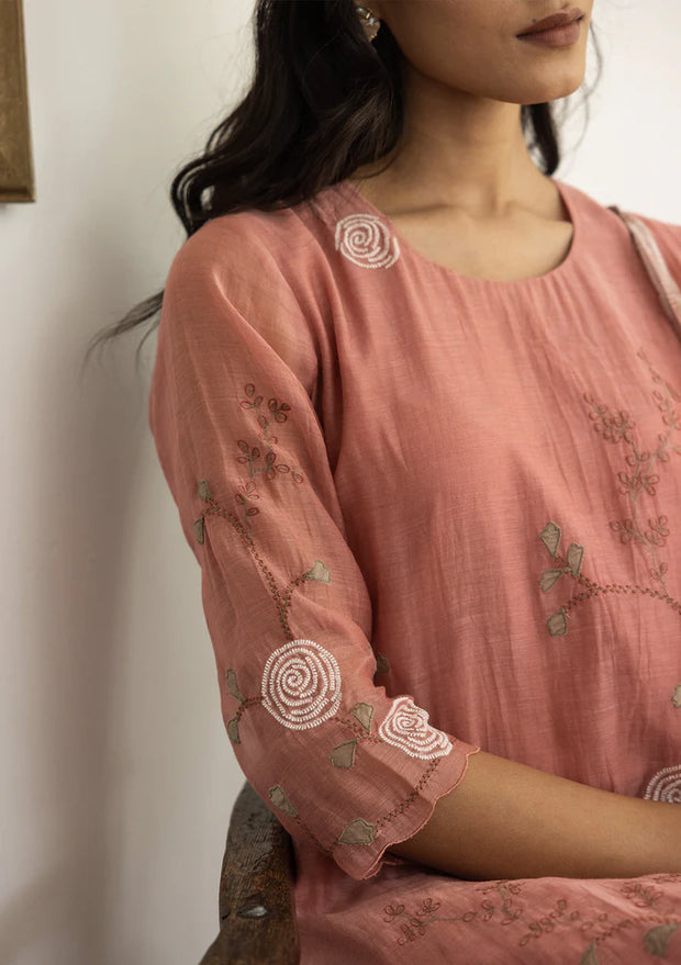 CORAL FLORAL EMBROIDERED KURTA SET