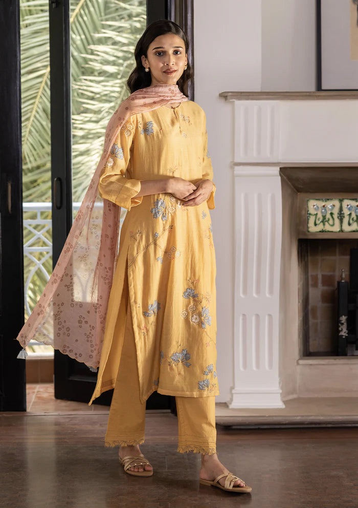 CANARY YELLOW APPLIQUE KURTA SET