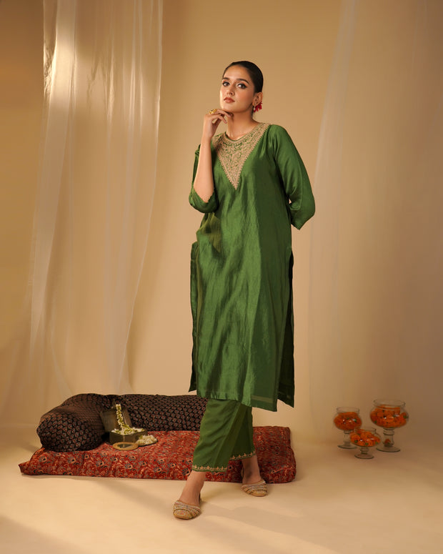 Green Silk high-neck Kurta set