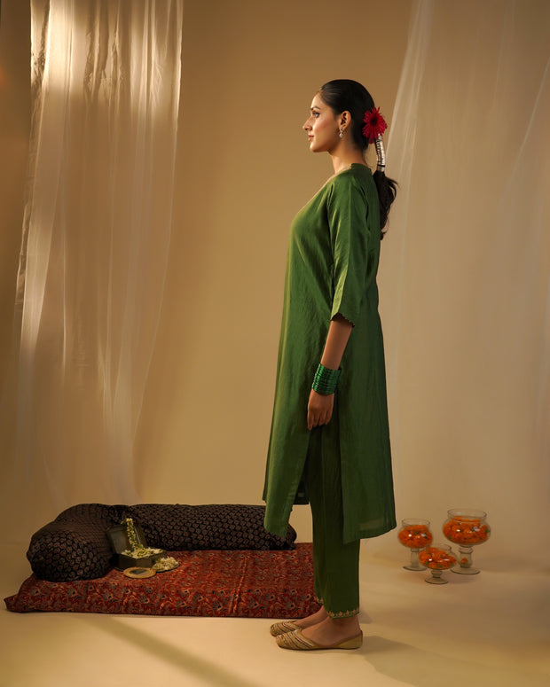 Green Silk high-neck Kurta set