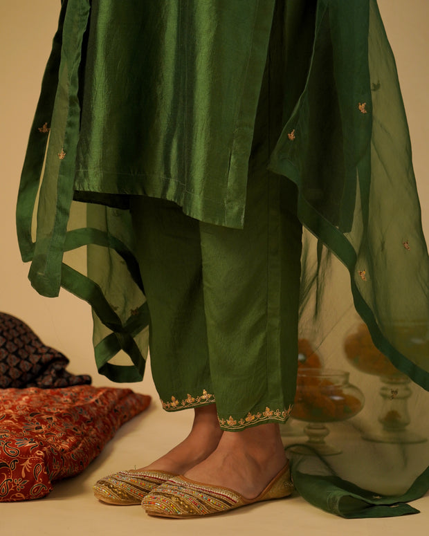 Green Silk high-neck Kurta set