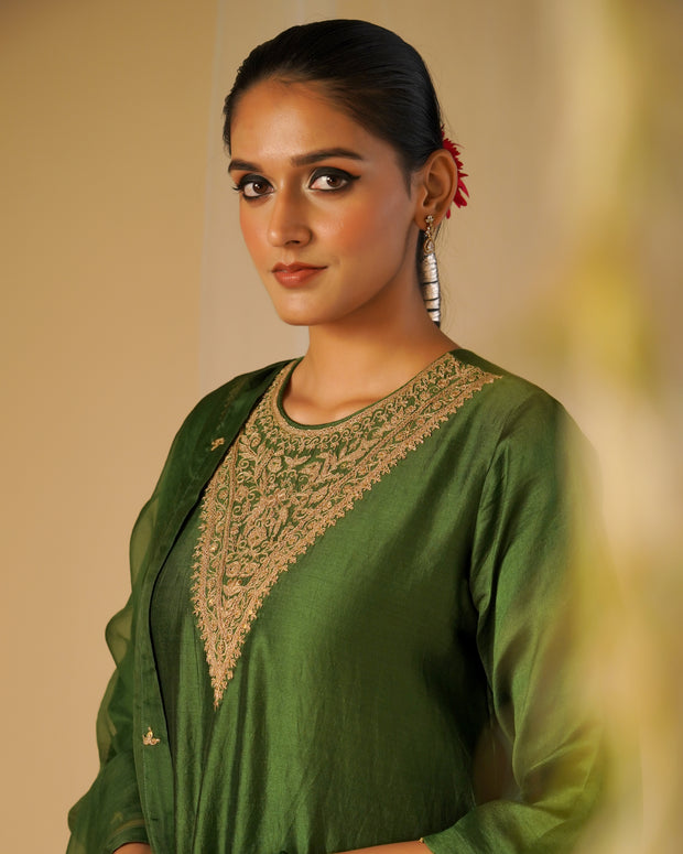 Green Silk high-neck Kurta set