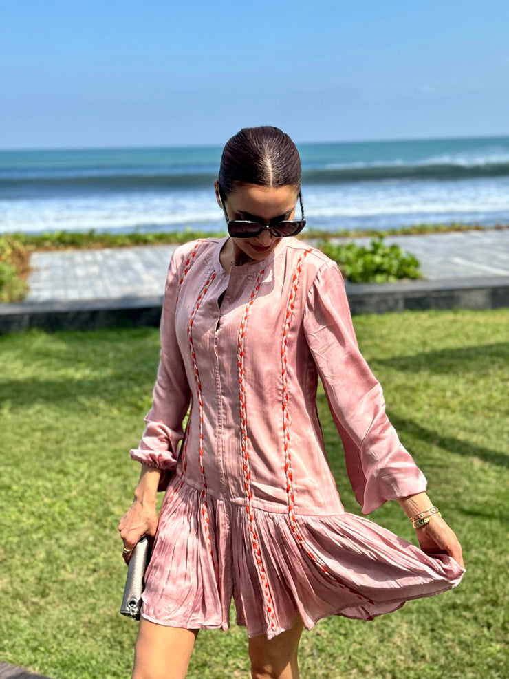 Pink-Orange Braided Short Gather Dress