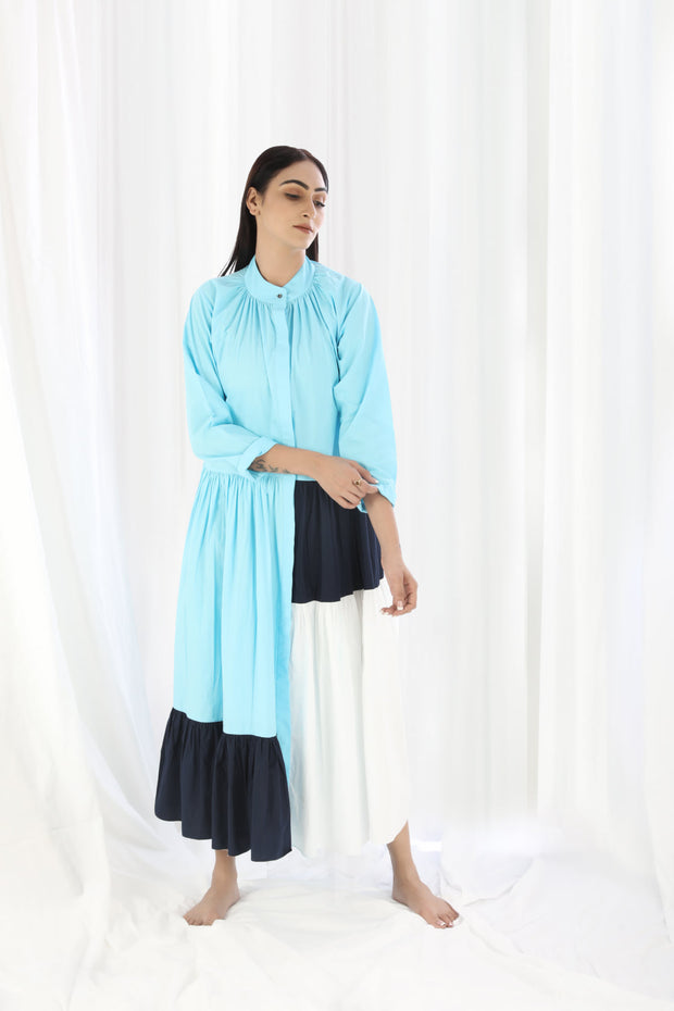 Light Blue Gather Neck panel Dress