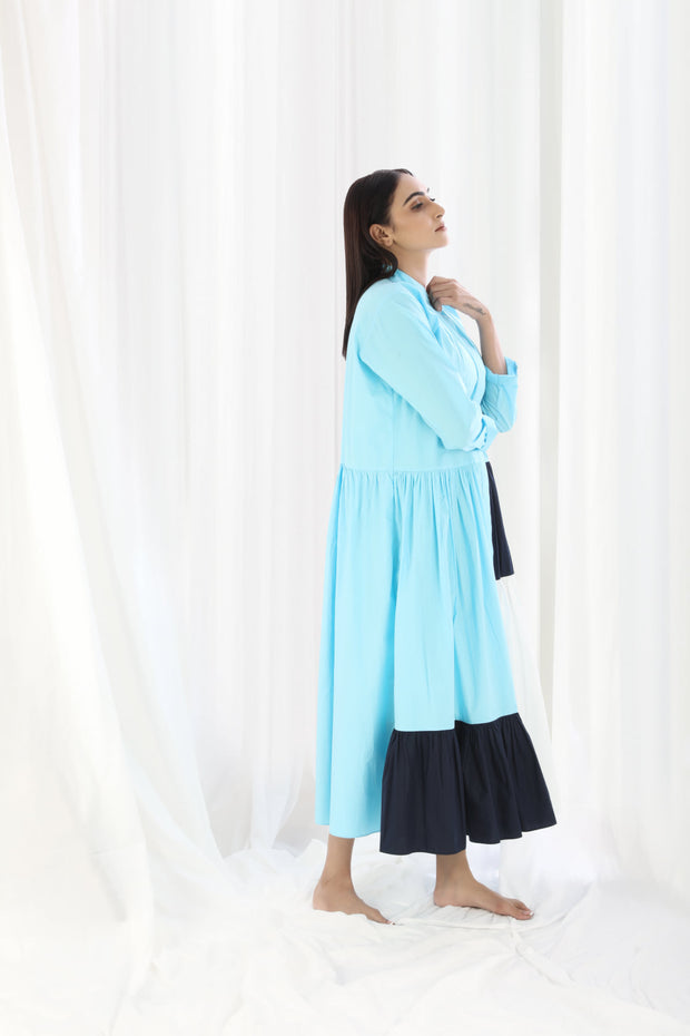 Light Blue Gather Neck panel Dress