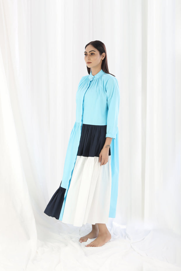 Light Blue Gather Neck panel Dress