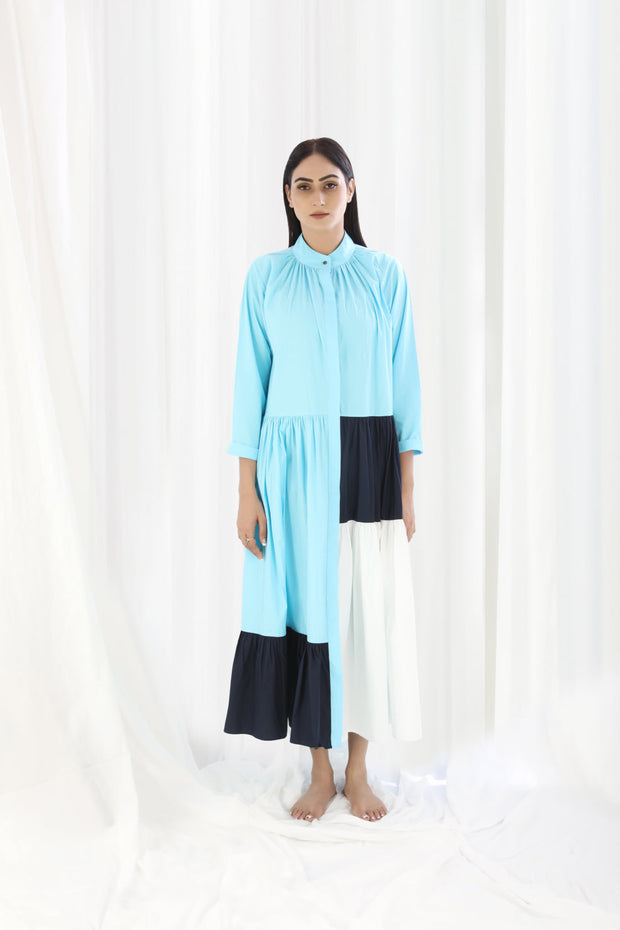 Light Blue Gather Neck panel Dress