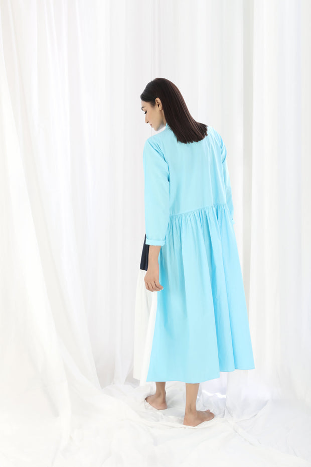 Light Blue Gather Neck panel Dress