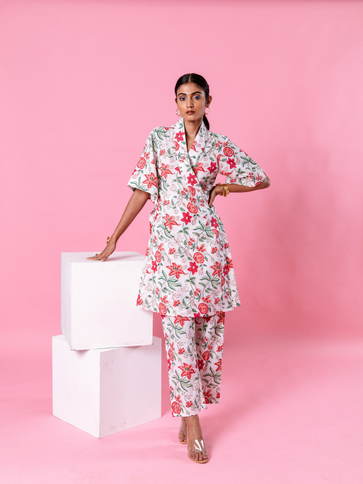 Pink Dahlia Kimono Co-Ord - Hand Block Printed Co-Ord Set