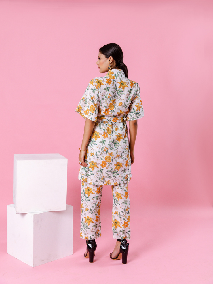 Yellow Dahlia Kimono Co-Ord - Hand Block Printed Co-Ord Set
