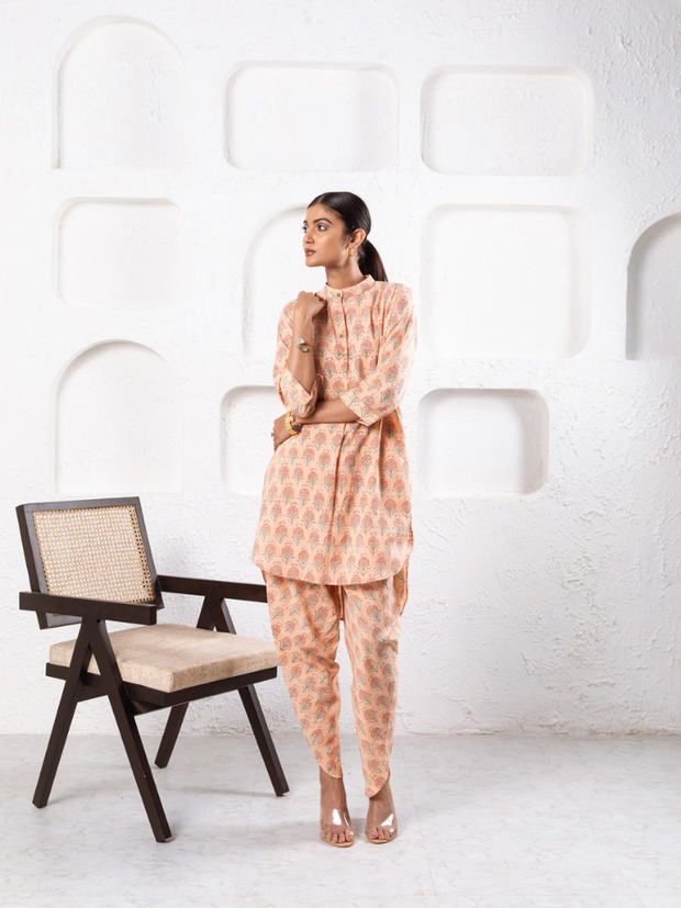 Peach Pansy Dhoti Co-Ord - Hand Block Printed Co-Ord Set