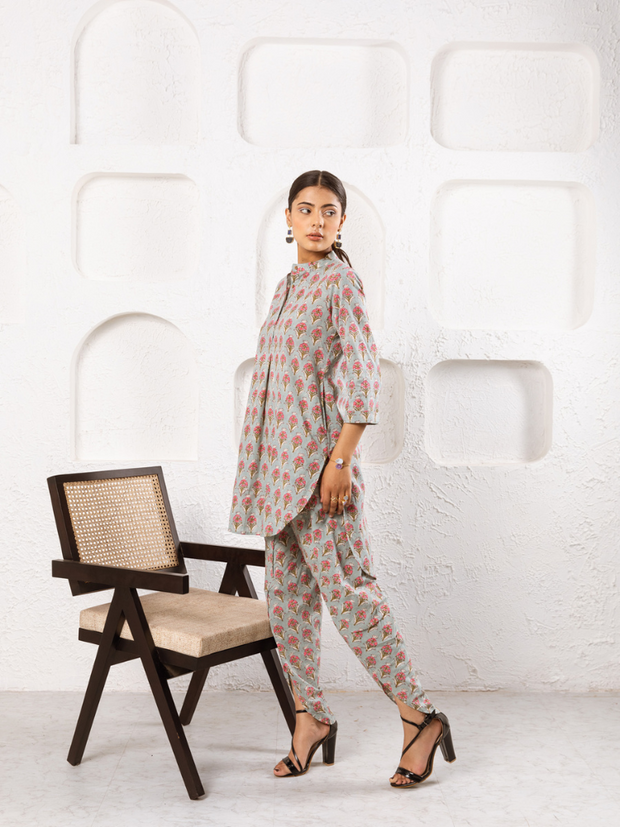 Pink Pansy Dhoti Co-Ord - Hand Block Printed Co-Ord Set
