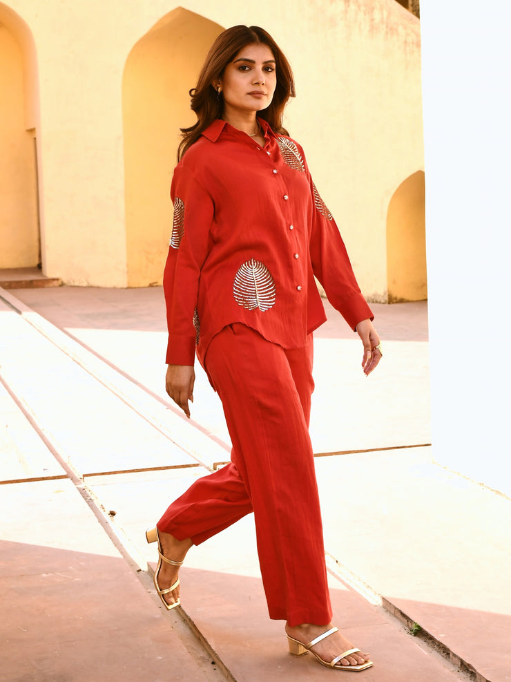 Diyu Sequin Embroidered Red Shirt