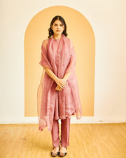 HANDWOVEN COTTON SILK FLAIRED TUNICH PAIRED WITH COTTON  TROUSE AND ORGANZA DUPPATA WITH EMBELLISHMENT OF SEQUINS AND GOTTA